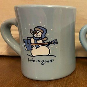 2 Life is Good Jammin Snowman Blue Coffee Mugs NEW